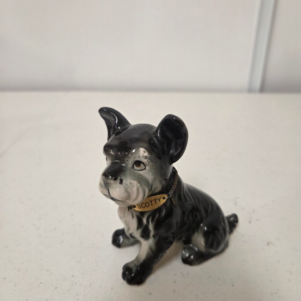 Vintage Ceramic Scottish Terrier Scottie Dog Figurine Black Grey with Name Tag